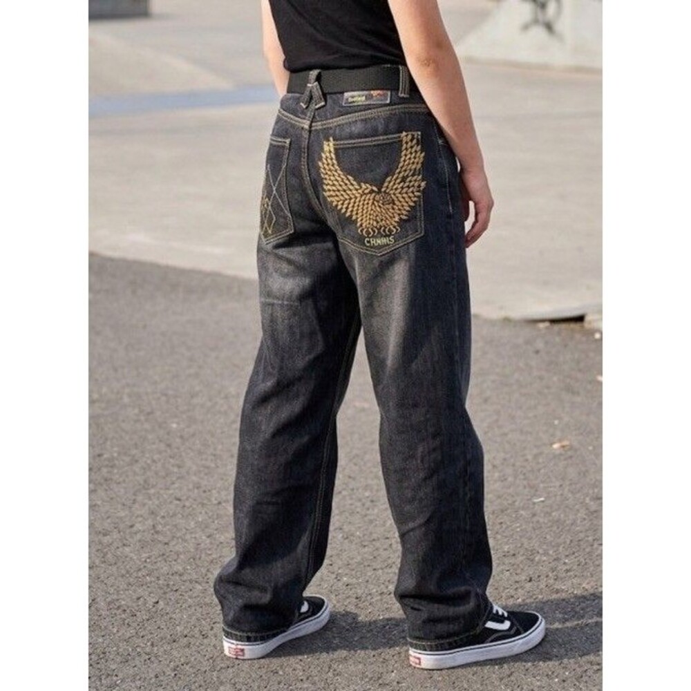 Chams Wide Leg Skater Jeans Kids 16 Gold Eagle Embroidery Contrast Stitch Y2K